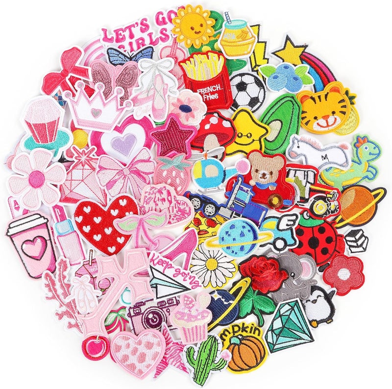 NICEVINYL Iron on Embroidery Patches for Backpacks: 70PCS Random Assortment Vibrant Designs Patch for Clothing Bag Hats Jackets Decor - Colorful and Pink Patches Sew On Appliques for DIY Craft - Image 1